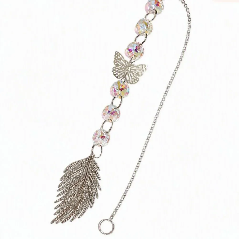 Iridescent Glass Butterfly Silver Leaf Chain Hanging Suncatcher Ornament 17